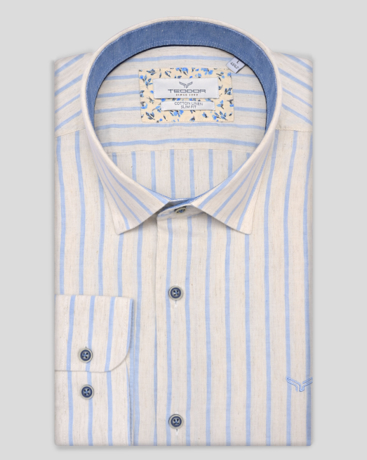 ' РИЗА ОТ ПАМУК И ЛЕН В ЦВЯТ ЕКРЮ С КОНТРАСТНО СВЕТЛОСИНЬО РАЙЕ 