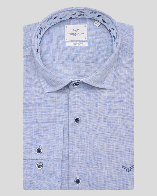 'СИНЯ РИЗА МЕЛАНЖ С КОНТРАСТНА ГАРНИТУРА НА ЯКА И КАНОН