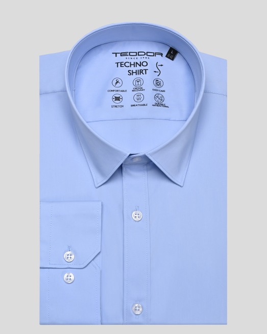 ' СВЕТЛОСИНЯ ЕЛАСТИЧНА РИЗА СИЛНО ВТАЛЕН СИЛУЕТ