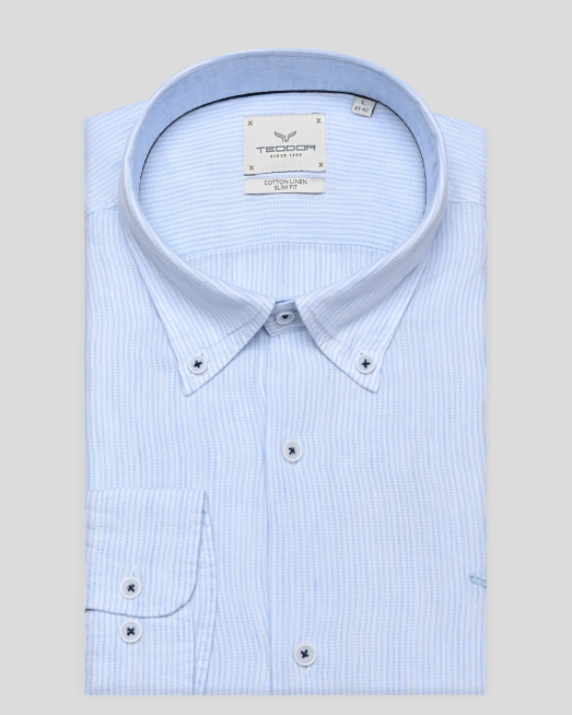 'СВЕТЛОСИНЯ РИЗА МЕЛАНЖ ОТ ЛЕН И ПАМУК В ДИСКРЕТНО РАЙЕ