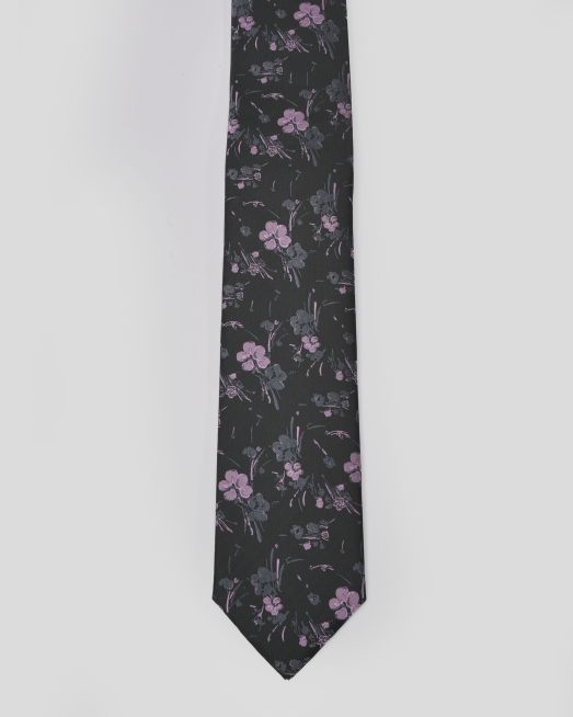 'ЧЕРНА СТРУКТУРНА ВРАТОВРЪЗКА С КОНТРАСТНИ ФЛОРАЛНИ МОТИВИ 