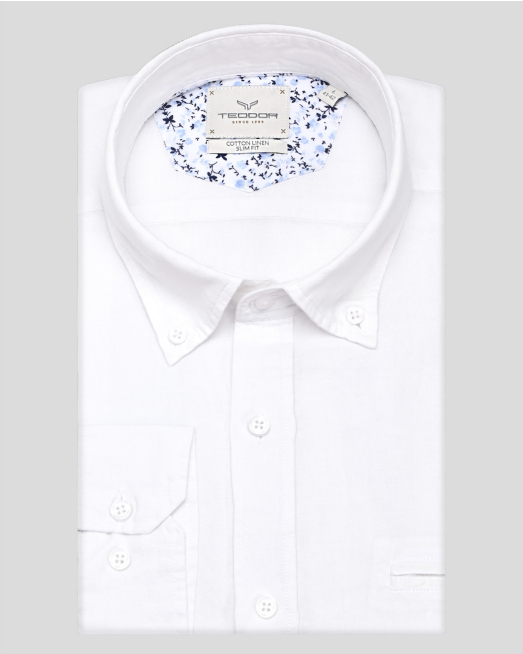 'БЯЛА ВТАЛЕНА РИЗА С НАВИВАЩИ СЕ РЪКАВИ ОТ ЛЕН И ПАМУК 