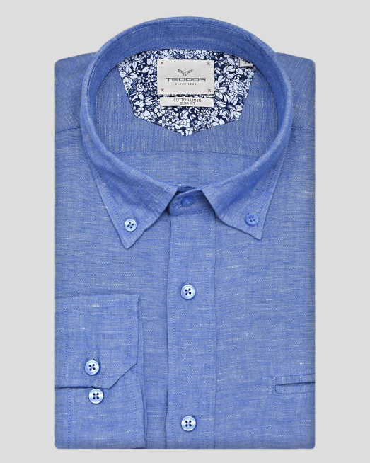 'СИНЯ РИЗА МЕЛАНЖ С НАВИВАЩИ СЕ РЪКАВИ ОТ ЛЕН И ПАМУК 