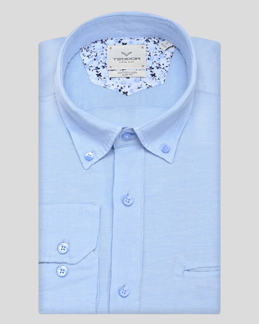 'СВЕТЛОСИНЯ РИЗА МЕЛАНЖ С НАВИВАЩИ СЕ РЪКАВИ ОТ ЛЕН И ПАМУК 