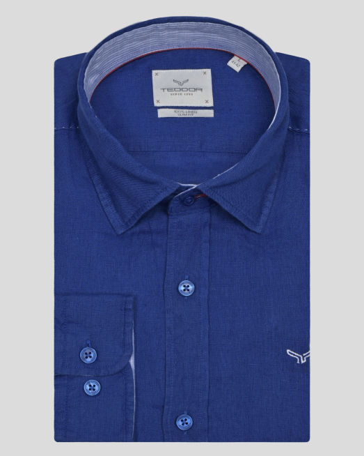 'СРЕДНО СИНЯ ЛЕНЕНА РИЗА С ГАРНИТУРА НА ЯКА И МАНШЕТИ