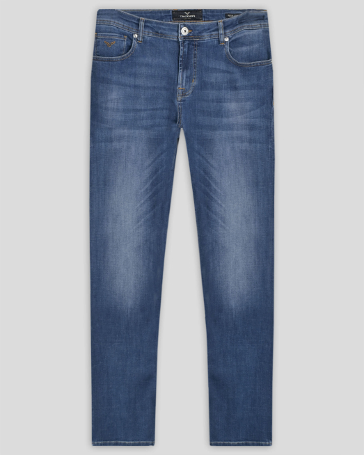 'ДЕНИМ СИНИ ДЪНКИ СВОБОДЕН СИЛУЕТ С ЛЕК ИЗТРИТ ЕФЕКТ И ЛОГО