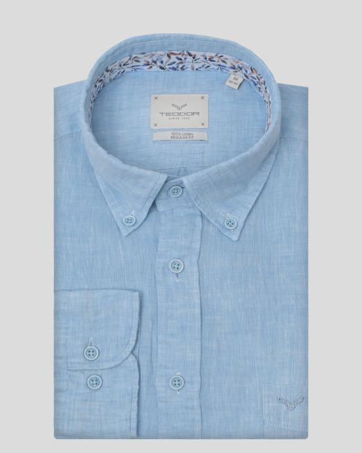 'ЛЕНЕНА РИЗА С НАВИВАЩИ СЕ РЪКАВИ И ДЖОБ НА ГЪРДИТЕ В ЦВЯТ ТЮРКОАЗ  