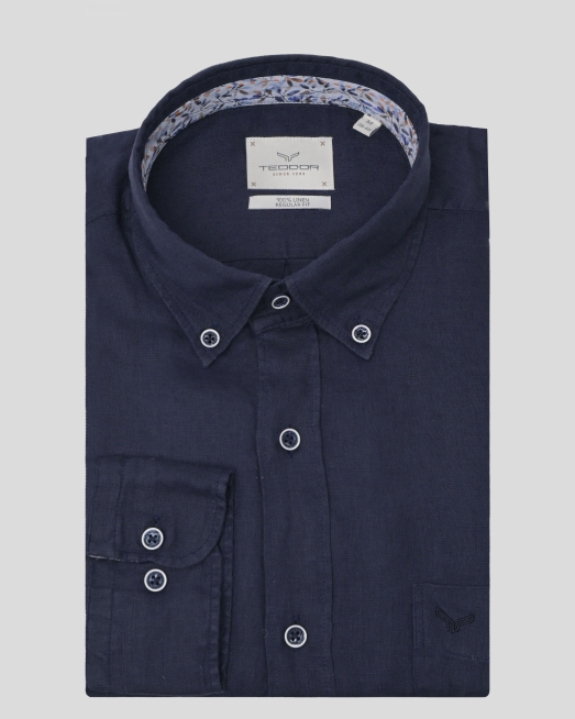 'ТЪМНОСИНЯ ЛЕНЕНА РИЗА С НАВИВАЩИ СЕ РЪКАВИ И БРОДЕРИЯ ЛОГО