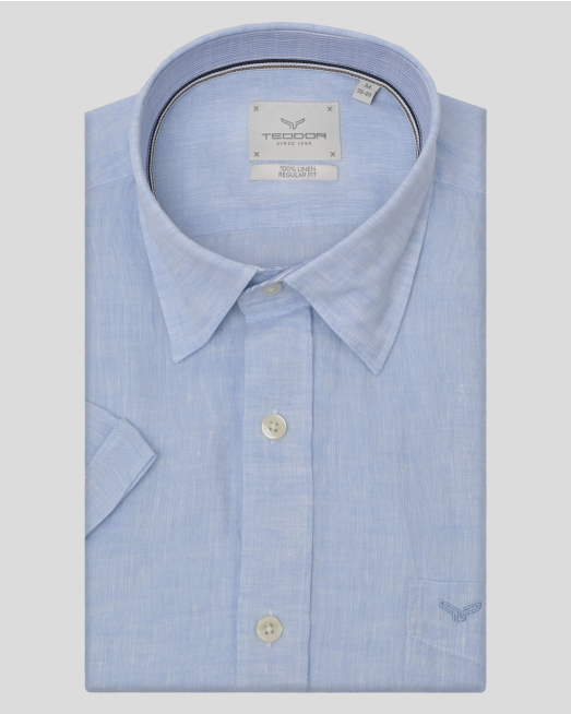 'СВЕТЛОСИНЯ ЛЕНЕНА РИЗА С КЪС РЪКАВ И ДЖОБ НА ГЪРДИТЕ