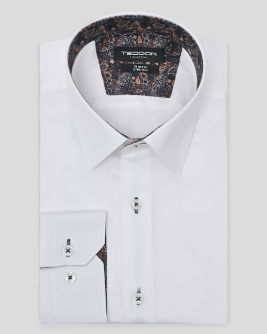 'БЯЛА КЛАСИЧЕСКА РИЗА С КОНТРАСТНА ГАРНИТУРА НА ЯКА И МАНШЕТИ