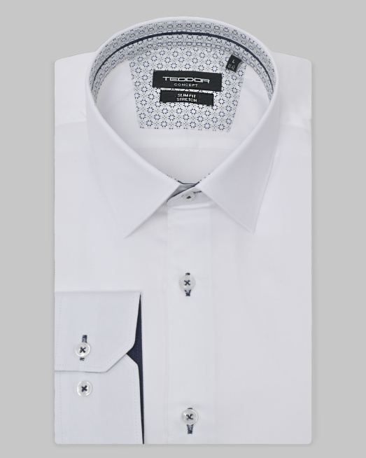 'БЯЛА КЛАСИЧЕСКА РИЗА ВТАЛЕН СИЛУЕТ С ГАРНИТУРА НА ЯКА И КАНОН 