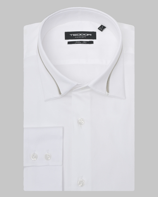 'БЯЛА КЛАСИЧЕСКА РИЗА С ДЕКОРАТИВЕН ЦИП НА ЯКАТА