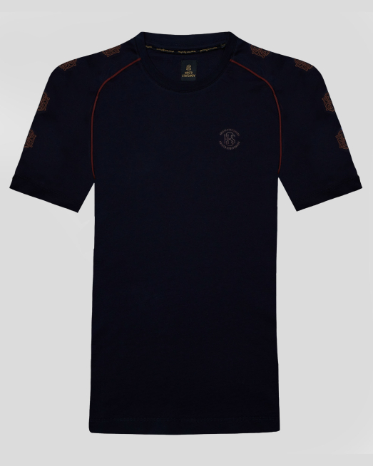 'ДЕТСКА ТЪМНОСИНЯ ТЕНИСКА С ОБЛО ДЕКОЛТЕ И КОНТРАСТЕН ЛОГО ПРИНТ H8S