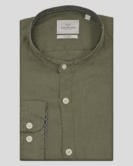 'ЛЕНЕНА РИЗА С ПОПСКА ЯКА И БРОДЕРИЯ ЛОГО ЦВЯТ КАКИ