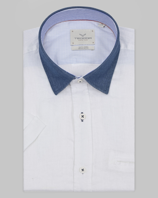 'БЯЛА ЛЕНЕНА РИЗА С КЪСИ РЪКАВИ И ДЪНКОВА ЯКА