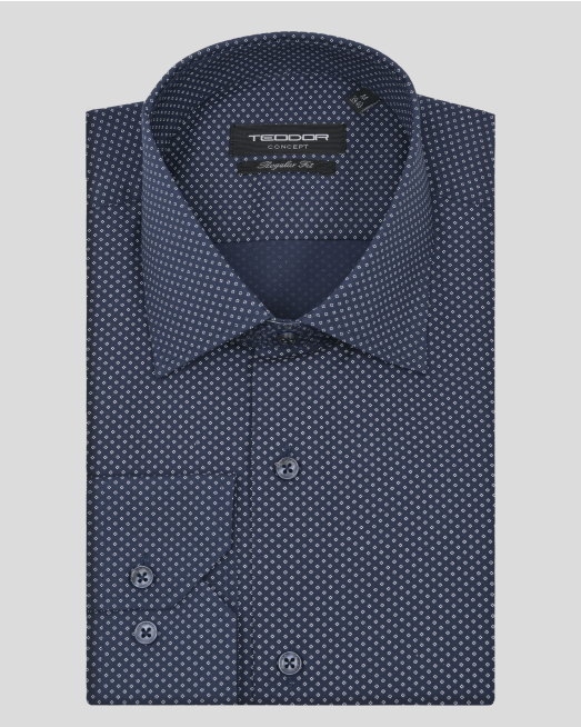 'ТЪМНОСИНЯ КЛАСИЧЕСКА РИЗА В СИТЕН КОНТРАСТЕН ПРИНТ 