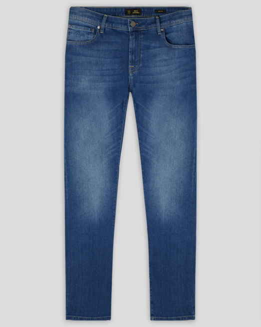 'СИНИ ДЪНКИ H8S С КОНТРАСТНИ ШЕВОВЕ И КОЖЕНА ЛОГО ЕМБЛЕМА