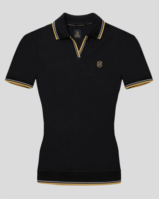 'ДАМСКА ЧЕРНА ТЕНИСКА H8S С ПОЛО ЯКА И КОНТРАСТНА ДЕСЕНАЦИЯ