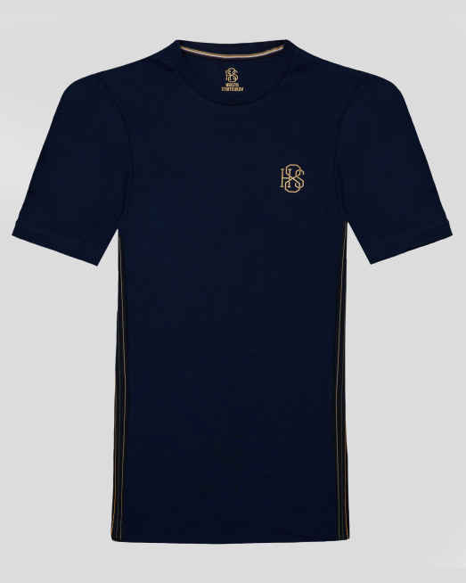 'ДЕТСКА ТЪМНОСИНЯ ТЕНИСКА С ОБЛО ДЕКОЛТЕ И КОНТРАСТЕН ЛОГО ПРИНТ H8S