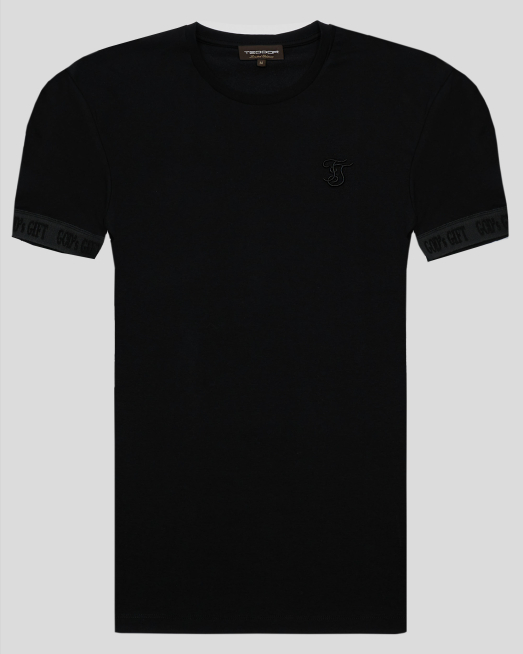 'ЧЕРНА ТЕНИСКА С БРОДЕРИЯ ЛОГО И НАДПИС GOD' S GIFT НА РЪКАВИТЕ