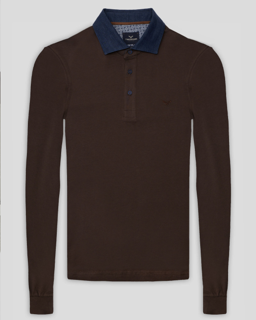 'КАФЯВА БЛУЗА ОТ PREMIUM ПАМУК С ДЕНИМ ЯКА И КОПЧЕТА