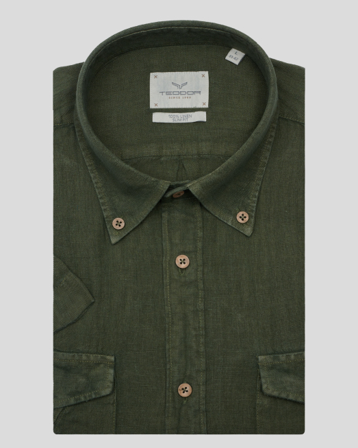 'ЛЕНЕНА РИЗА С КЪС РЪКАВ И ДВА ДЖОБА НА ГЪРДИТЕ В ЦВЯТ КАКИ