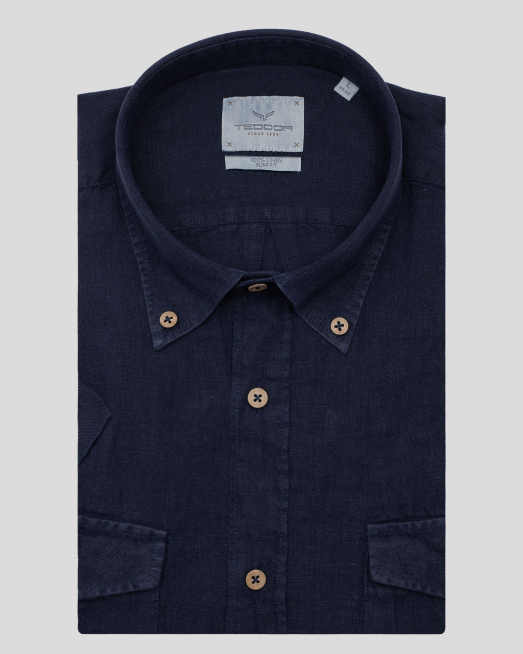 'ТЪМНОСИНЯ ЛЕНЕНА РИЗА С КЪС РЪКАВ И ДВА ДЖОБА НА ГЪРДИТЕ