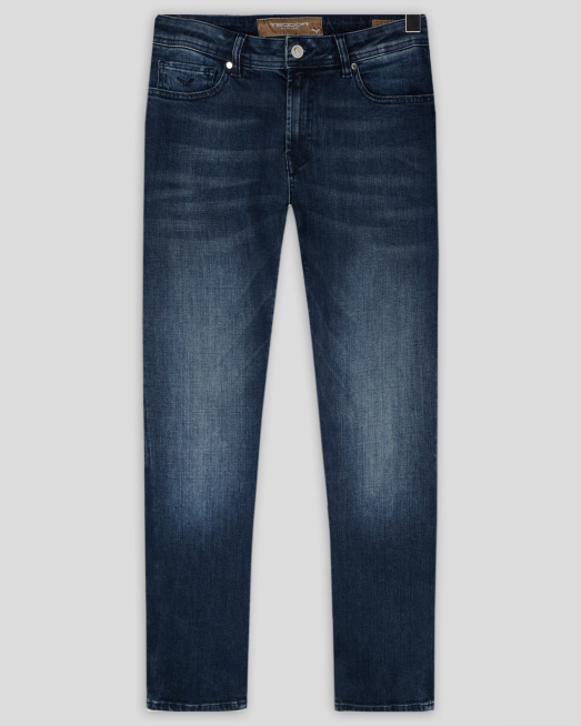 'ТЪМНОСИНИ ДЪНКИ С ЕФЕКТНО ИЗСВЕТЛЯВАНЕ И КОЖЕНА ЛОГО ЕМБЛЕМА