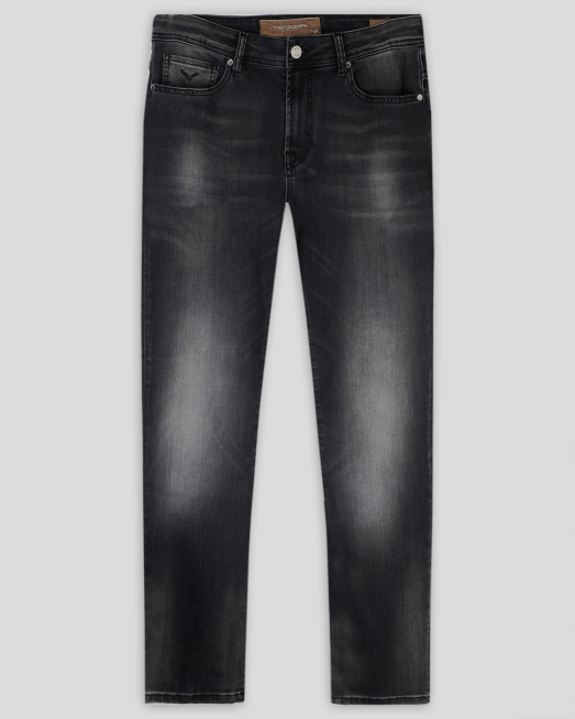 'ДЪНКИ С ЕФЕКТНО ИЗСВЕТЛЯВАНЕ И КОЖЕНА ЛОГО ЕБЛЕМА В ЦВЯТ АНТРАЦИТ