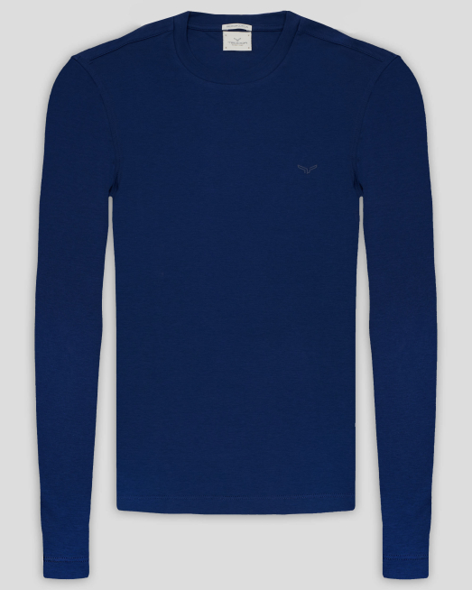 'СИНЯ БЛУЗА С ОБЛО ДЕКОЛТЕ И ЛОГО ОТ PREMIUM ПАМУК