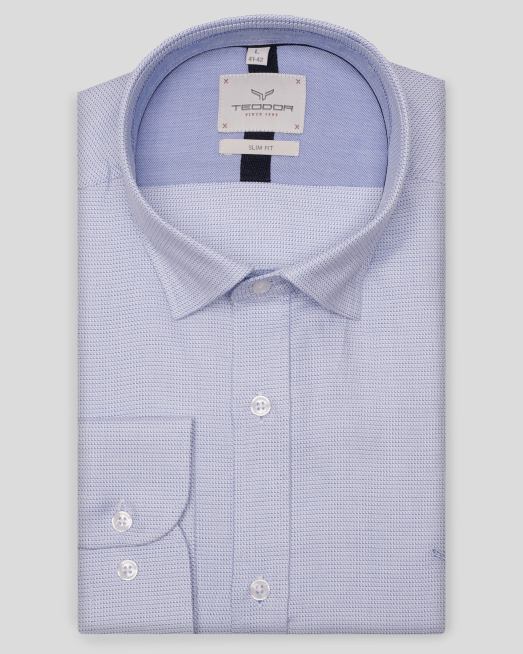 'СВЕТЛОСИНЯ РИЗА МЕЛАНЖ В СИТНА СТРУКТУРА ВТАЛЕН СИЛУЕТ