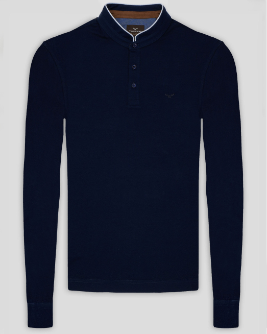 'ТЪМНОСИНЯ БЛУЗА С ПОПСКА ЯКА И БРОДЕРИЯ ЛОГО