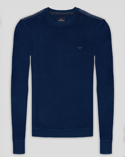 'СРЕДНО СИНЯ БЛУЗА МЕЛАНЖ С ПЛАТКИ ОТ ВЕЛУР НА РАМЕНЕТЕ