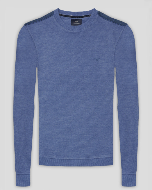 'СИНЯ БЛУЗА МЕЛАНЖ С БРОДЕРИЯ ЛОГО И ПЛАТКИ ОТ ВЕЛУР НА РАМЕНЕТЕ