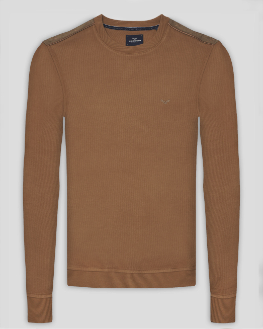 'БЛУЗА С ОБЛО ДЕКОЛТЕ И ПЛАТКИ ОТ ВЕЛУР НА РАМЕНЕТЕ В ЦВЯТ ОХРА