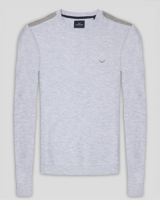 'СВЕТЛОСИВА МЕЛАНЖИРАНА БЛУЗА С КОНТРАСТНА ГАРНИТУРА НА РАМЕНЕТЕ