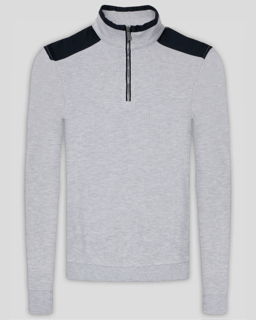 'СВЕТЛОСИВА СТРУКТУРНА БЛУЗА С КЪС ЦИП И КОНТРАСТНА ГАРНИТУРА 