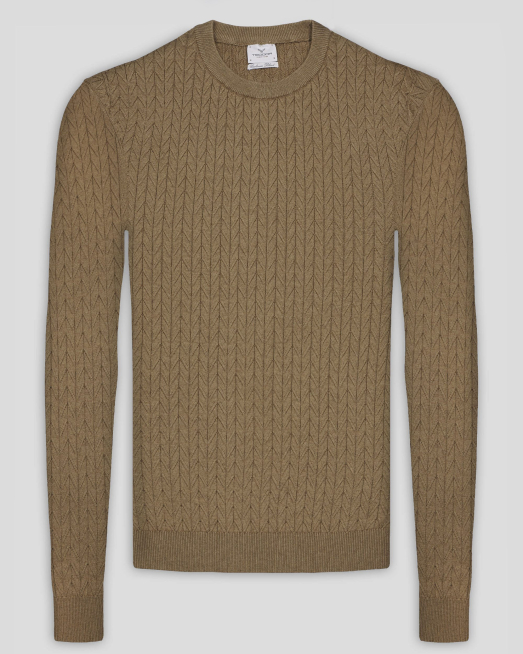 'СТРУКТУРЕН ПУЛОВЕР С ПЛЕТКА РИБЕНА КОСТ ОТ ПАМУК И КАШМИР В ЦВЯТ КАМЕЛ