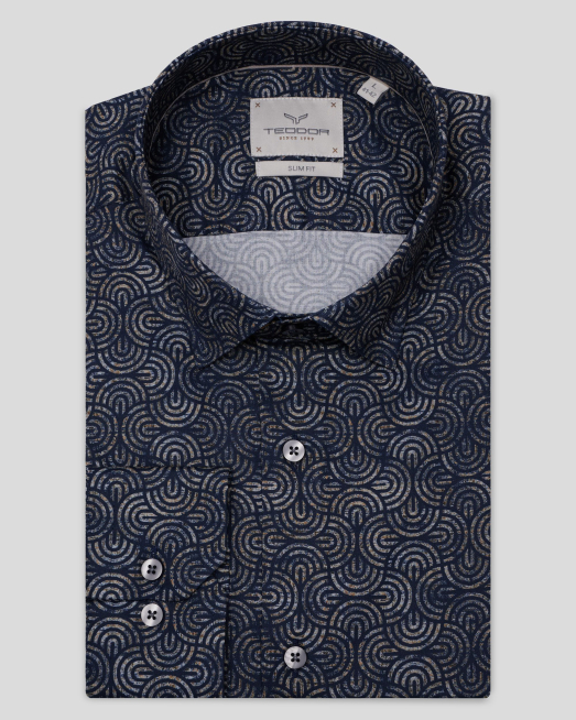 'ТЪМНОСИНЯ РИЗА ОТ ФИН ПАМУЧЕН ГАБАРДИН С КОНТРАСТЕН АРТ ПРИНТ