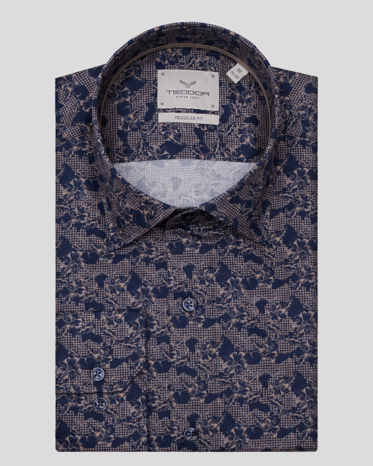 'ДВУЦВЕТНА ПАМУЧНА РИЗА С ФЛОРАЛЕН ДЕСЕН В КАФЯВО И ТЪМНОСИНЬО