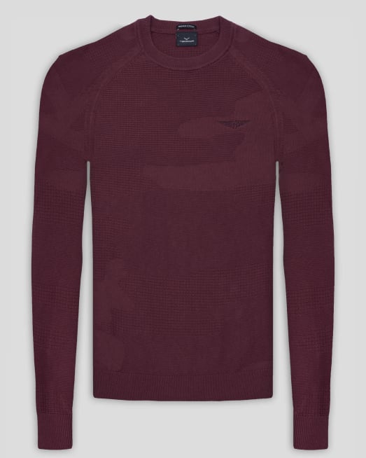 ' СТРУКТУРЕН ПУЛОВЕР С ТОНАЛНИ ФИГУРАЛНИ МОТИВИ В БОРДО