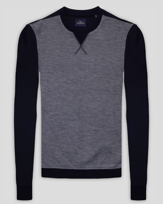 'ДВУЦВЕТНА БЛУЗА ОТ ЕЛАСТИЧНО ТРИКО В БЯЛ МЕЛАНЖ И ТЪМНОСИНЬО 