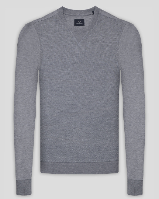 'КОМБИНИРАНА БЛУЗА ОТ ГЛАДКО И СТРУКТУРНО ТРИКО В СИВ МЕЛАНЖ 