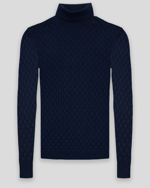'ТЪМНОСИН СТРУКТУРЕН ПУЛОВЕР С ВИСОКА ПОЛО ЯКА ОТ PREMIUM ПАМУК 