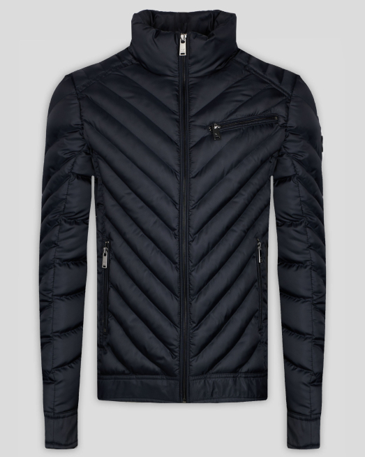 'ТЪМНОСИНЬО КАПИТОНИРАНО ЯКЕ С МЕТАЛНИ ЦИПОВЕ И ЛОГО ЕМБЛЕМА НА РЪКАВ