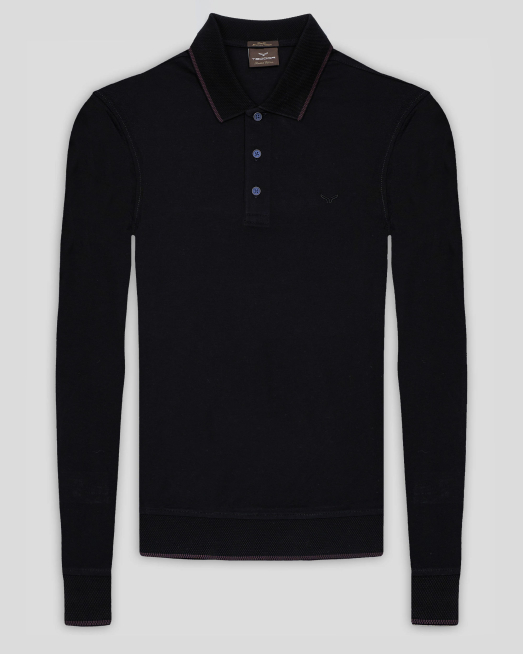 'ЧЕРНА БЛУЗА С ПОЛО ЯКА ОТ ДВОЙНО МЕРСЕРИЗИРАН ЕГИПЕТСКИ ПАМУК 