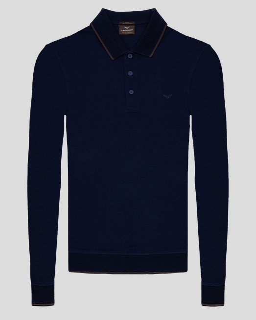 'ТЪМНОСИНЯ  БЛУЗА С ПОЛО ЯКА ОТ ДВОЙНО МЕРСЕРИЗИРАН ЕГИПЕТСКИ ПАМУК  