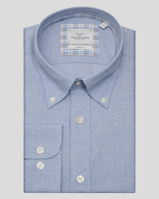 'СВЕТЛОСИНЯ РИЗА МЕЛАНЖ С КОНТРАСТНА ГАРНИТУРА НА ЯКА И МАНШЕТИ