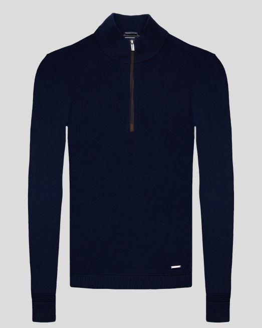 'ТЪМНОСИН ПУЛОВЕР  ОТ PREMIUM ПАМУК С КЪС ЦИП И ЛОГО 