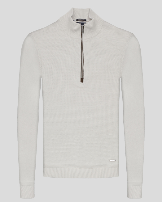 'ПУЛОВЕР  ОТ PREMIUM ПАМУК С КЪС ЦИП И ЛОГО В ЦВЯТ СЛОНОВА КОСТ